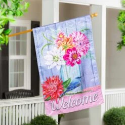 Dahlias And Bluebird Moire Flag Collection -Simply Devine Gifts And Decor Shop 13m12983 2