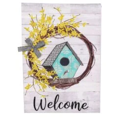 Forsythia And Birdhouse Wreath Garden Burlap Flag -Simply Devine Gifts And Decor Shop 14b10182