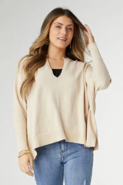 Rila Fine Gauge V-Neck Sweater With Side Slit