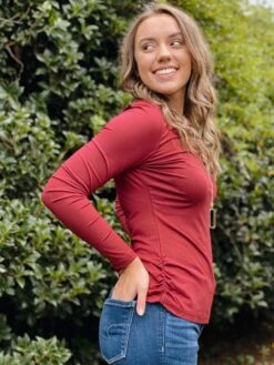 Ashley Side Cinched Long Sleeve Crew Neck Top Burgundy -Simply Devine Gifts And Decor Shop 35F3BBC6 24B7 443C A573 204295B37442
