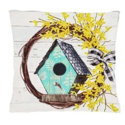 Forsythia And Birdhouse Wreath Garden Burlap Flag