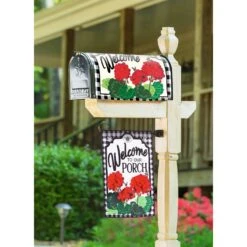 Welcome To Our Porch Geraniums Linen Flag -Simply Devine Gifts And Decor Shop 56760 2