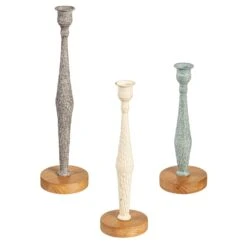 Metal Candlestick Holder With Wood Base, Set Of 3