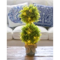 LED Boxwood Topiary With Burlap Bow In Galvanize Pot
