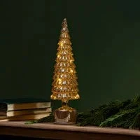 Shades Of Green LED Table Decor Tree Shaped Rotating Glass, 16"H