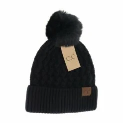 Woven Cable Knit Cuffed Matching Fur Pom C.C Beanie -Simply Devine Gifts And Decor Shop Hat386105 2542x 1d93e1d1 4e9a 41f0 a986 459aac328d74