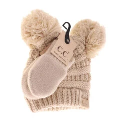 BABY Solid Knit Double Pom C.C Beanie With Mitten SET
