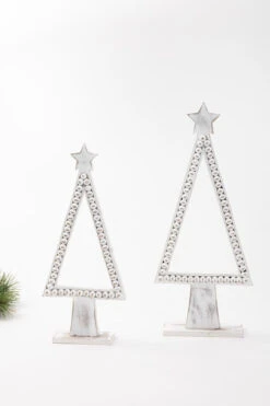 Set/2 Wood Bead Triangle Trees, White, 18.25", 15.25"