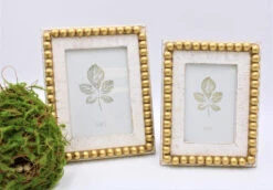 9.5" Wood Beaded Photo Frame, White With Gold 5x7"