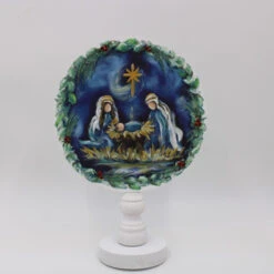 Round Nativity Wood Tabletop On Finial Base ©Dana Shoops
