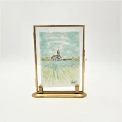 5.5x1.4x7" Brass Framed Table Art, Church In Field